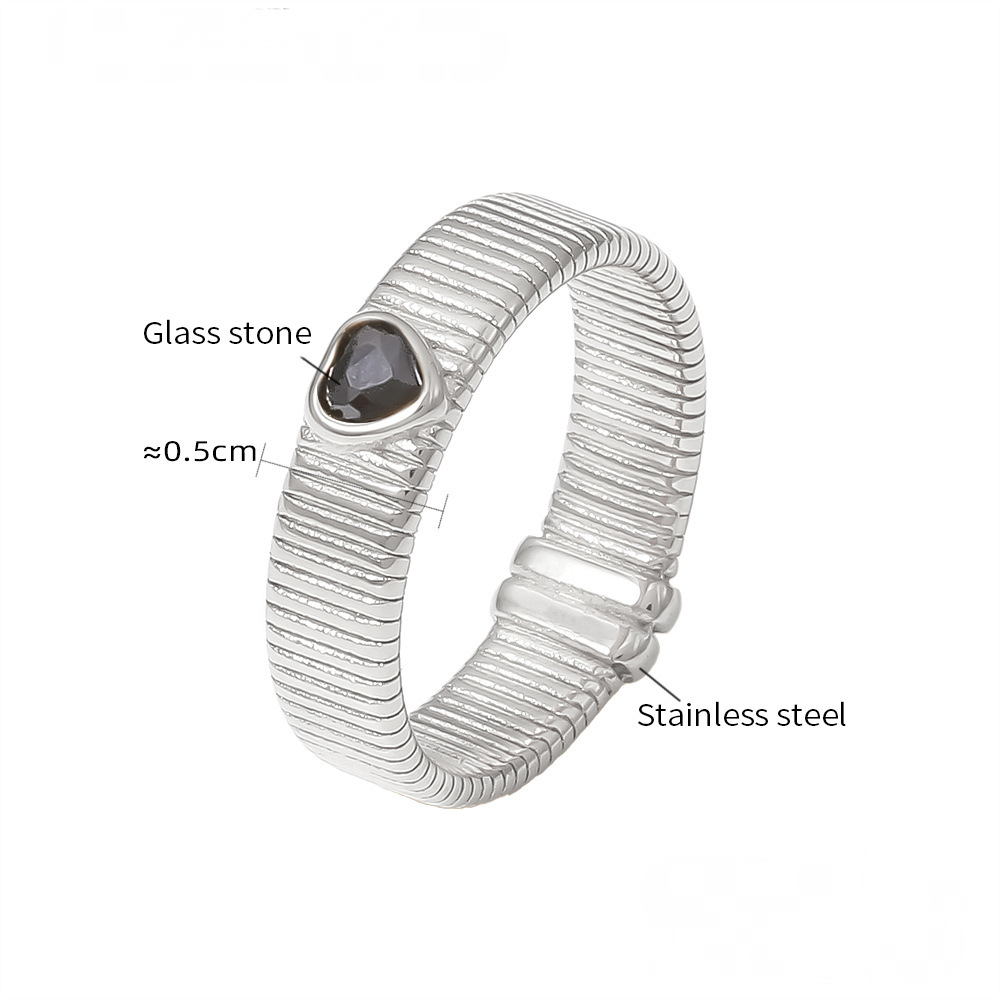 Stainless Steel Heart Shape Glass Stone Texture Ring