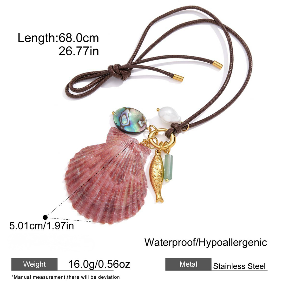 Stainless Steel Brown Wax Rope Shell Pendant Necklace