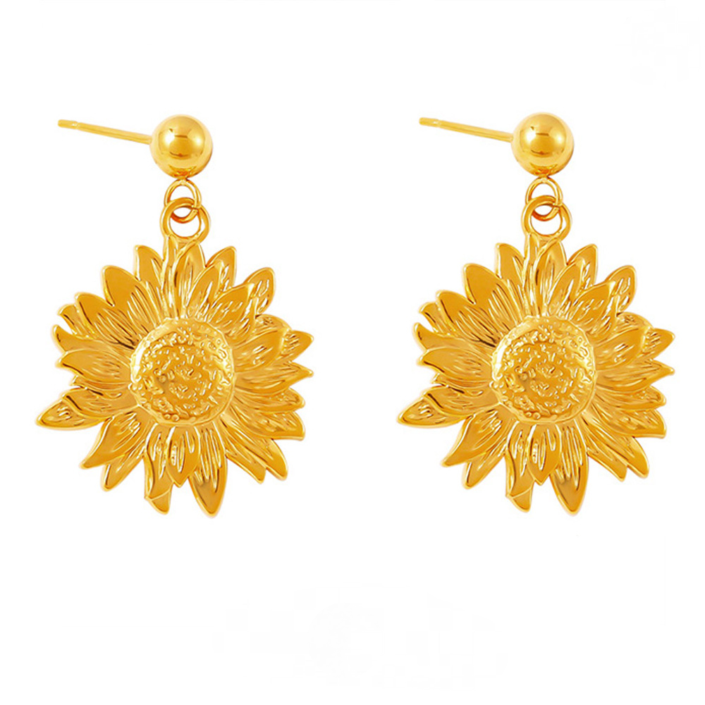 Stainless Steel Textured Sunflower Drop Earrings