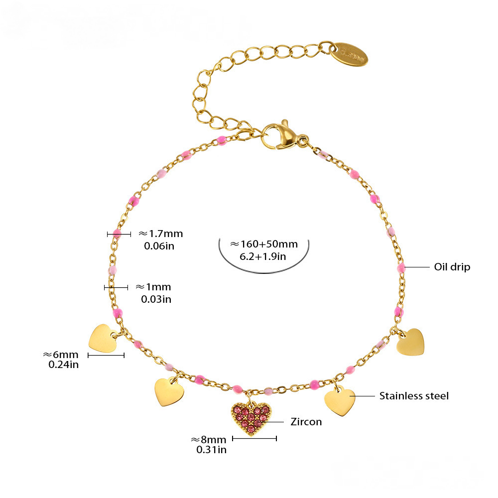 Stainless Steel Heart Shaped Cubic Zirconia Beaded Necklace Bracelet Anklet Jewelry Suit