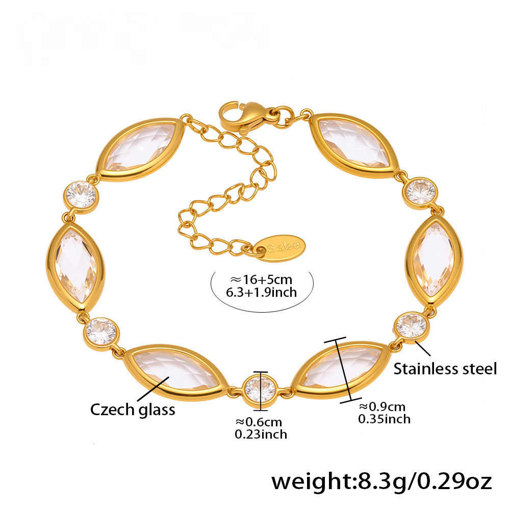 Stainless Steel 18K Gold PVD Crystal Oval Glass Bracelet