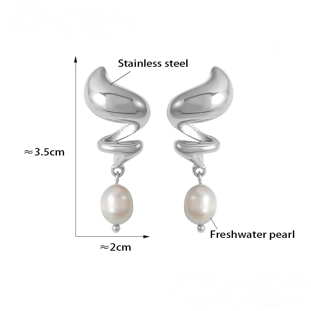 Stainless Steel Spiral Freshwater Pearl Drop Earrings