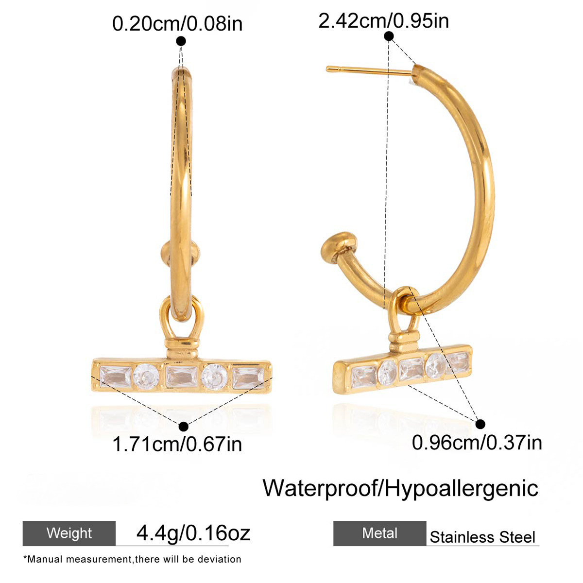 Stainless Steel Rhinestone T-bar Necklace Earrings Jewelry Set