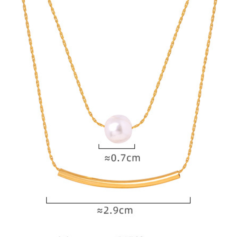 Stainless Steel Round Tube Imitation Pearl Pendant Double Layer Necklace