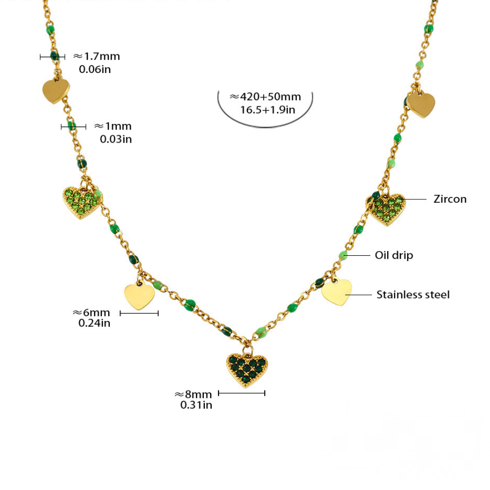 Stainless Steel Heart Shaped Cubic Zirconia Beaded Necklace Bracelet Anklet Jewelry Suit