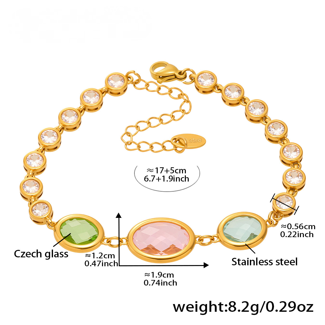 Stainless Steel 18K Gold PVD Oval Cut Crystal Glass Bracelet