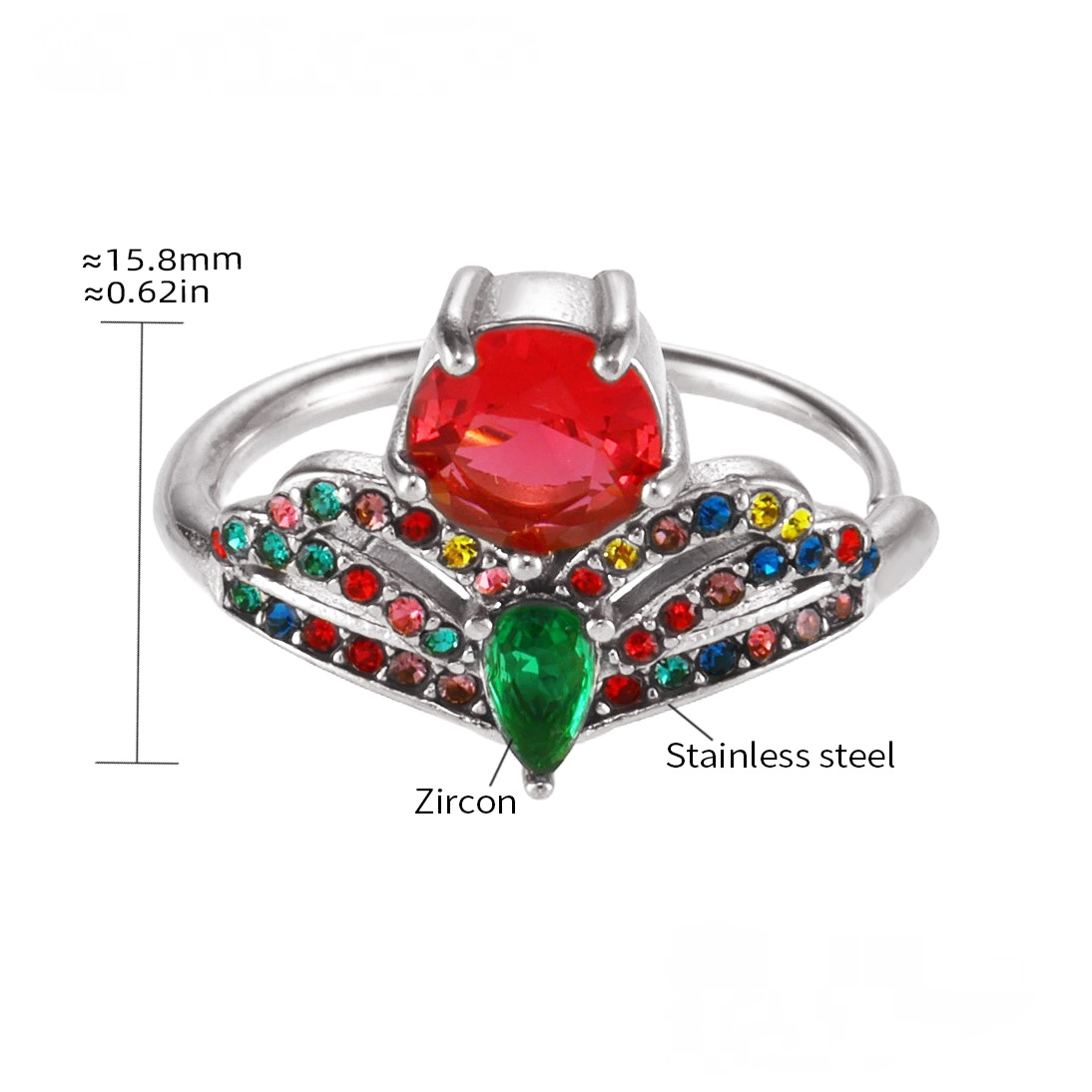 Bague manchette en acier inoxydable en forme de couronne avec zircone cubique