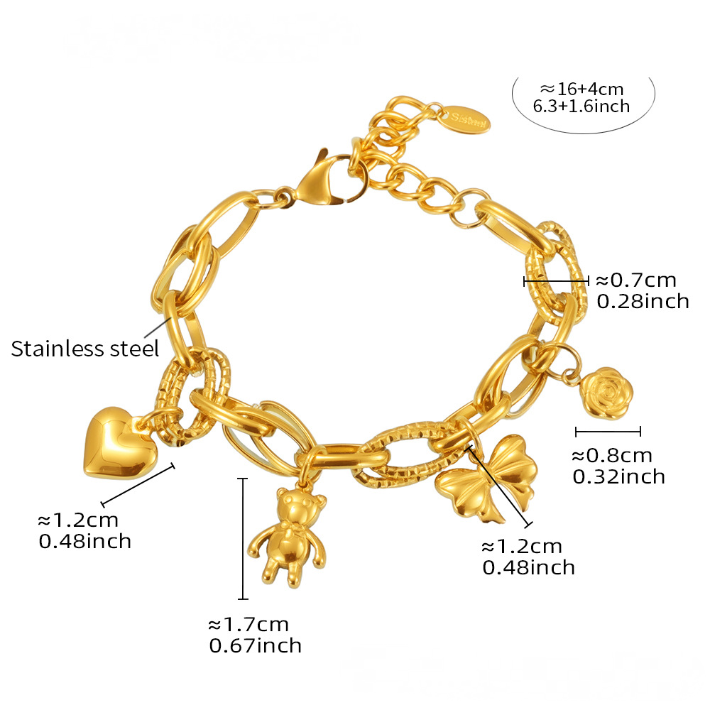 Stainless Steel Bear Heart Bow Charm Bracelet