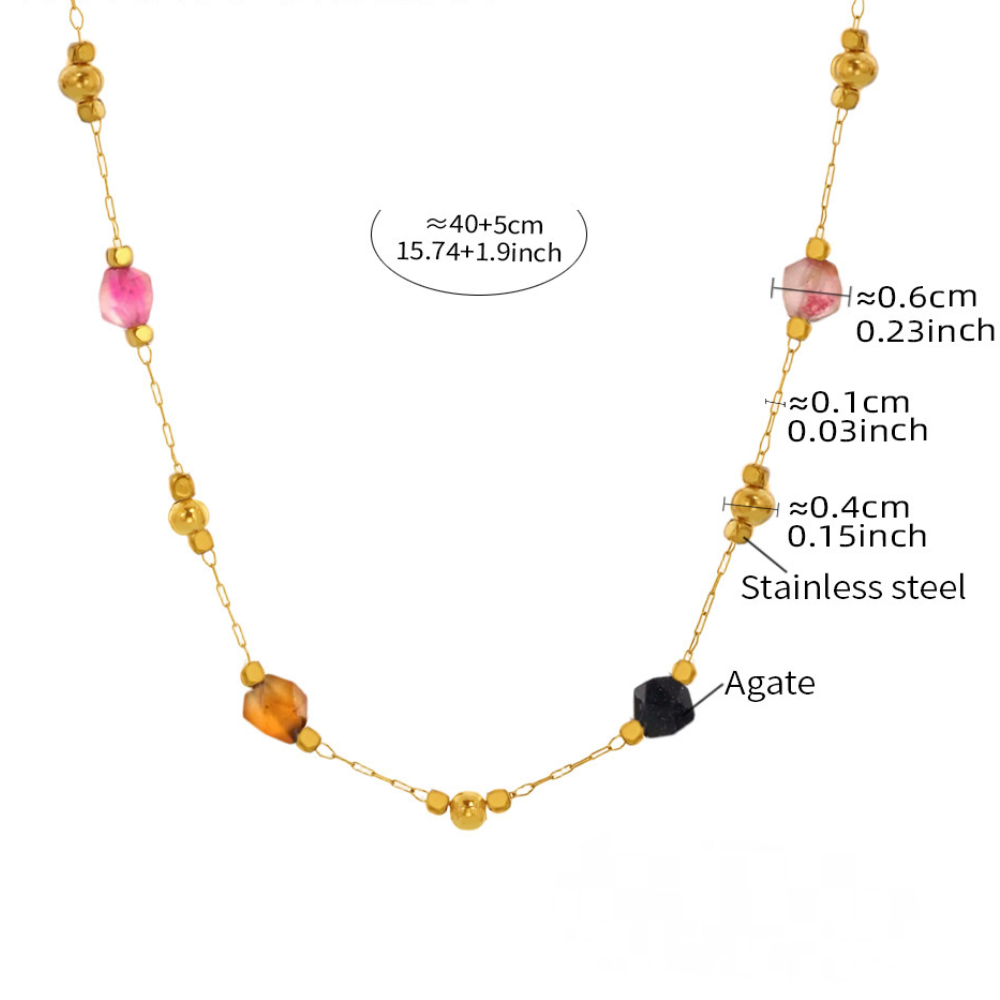 Stainless Steel Agate Beaded Chain Necklace Bracelet Jewelry Suit