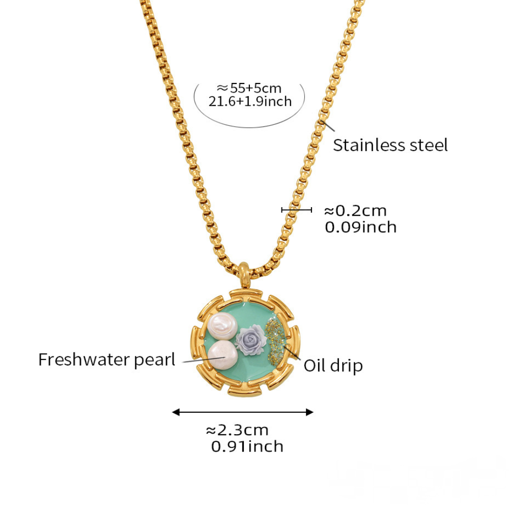 Oil Painting Style Flower Freshwater Pearl Ring Necklace Jewelry Suit