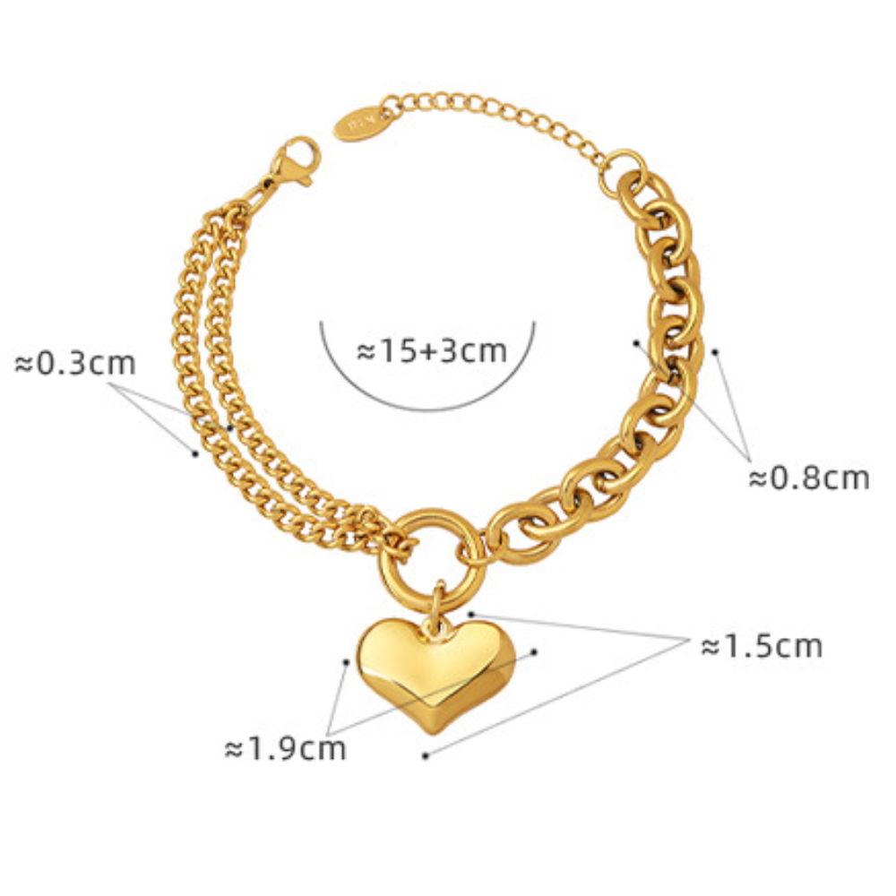 Cuban Chain Stitching Cable Chain Heart Pendant Bracelet
