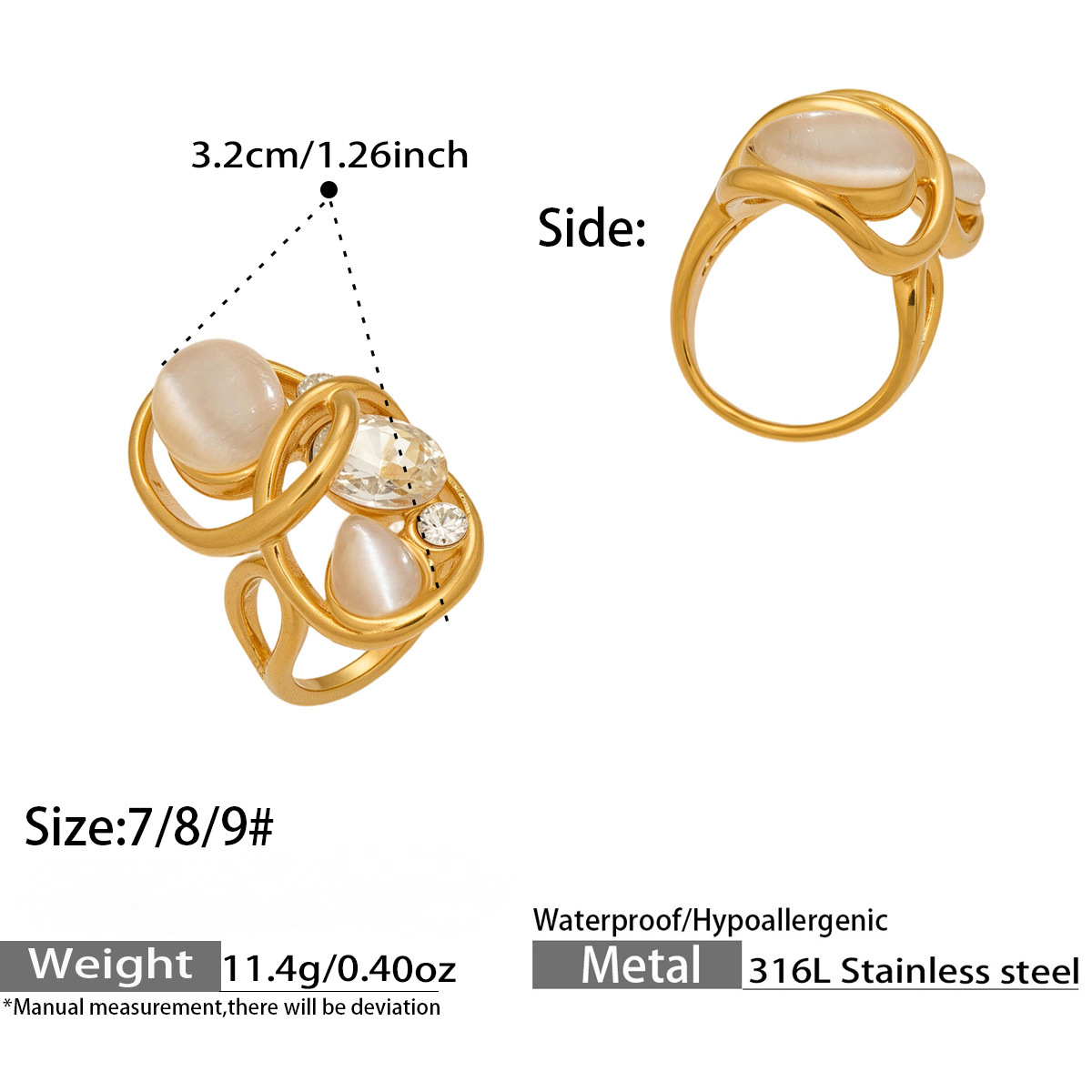 Stainless Steel Hollowed-out Cat's Eye Stone Open Ring