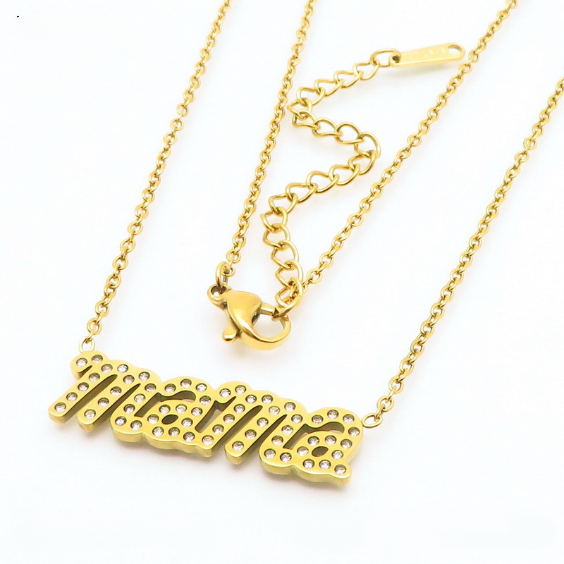 Stainless Steel Mama Pendant Inlay Cubic Zirconia Necklace