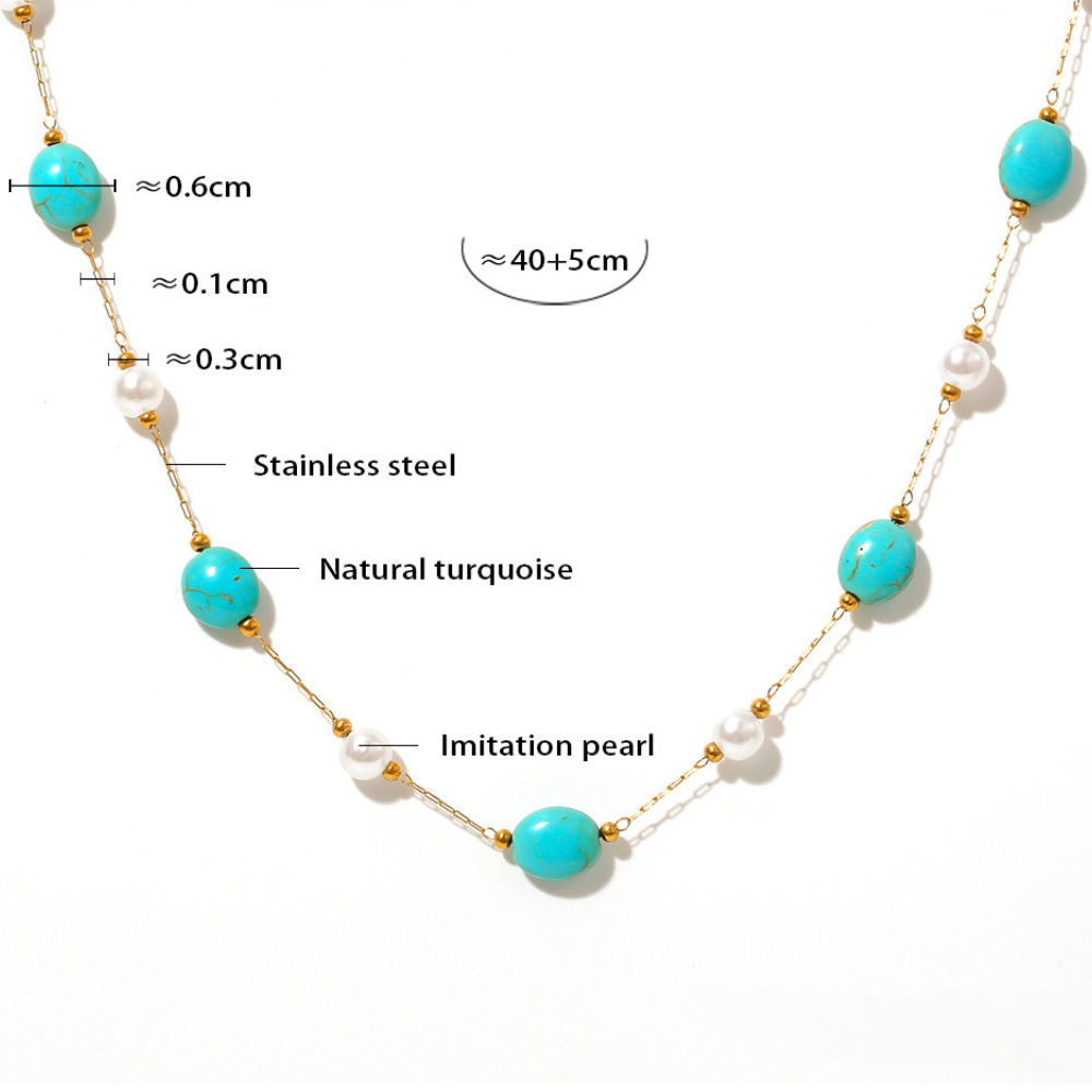 Natural Blue Turquoise Imitation Pearl Beaded Necklace Bracelet Jewelry Suit