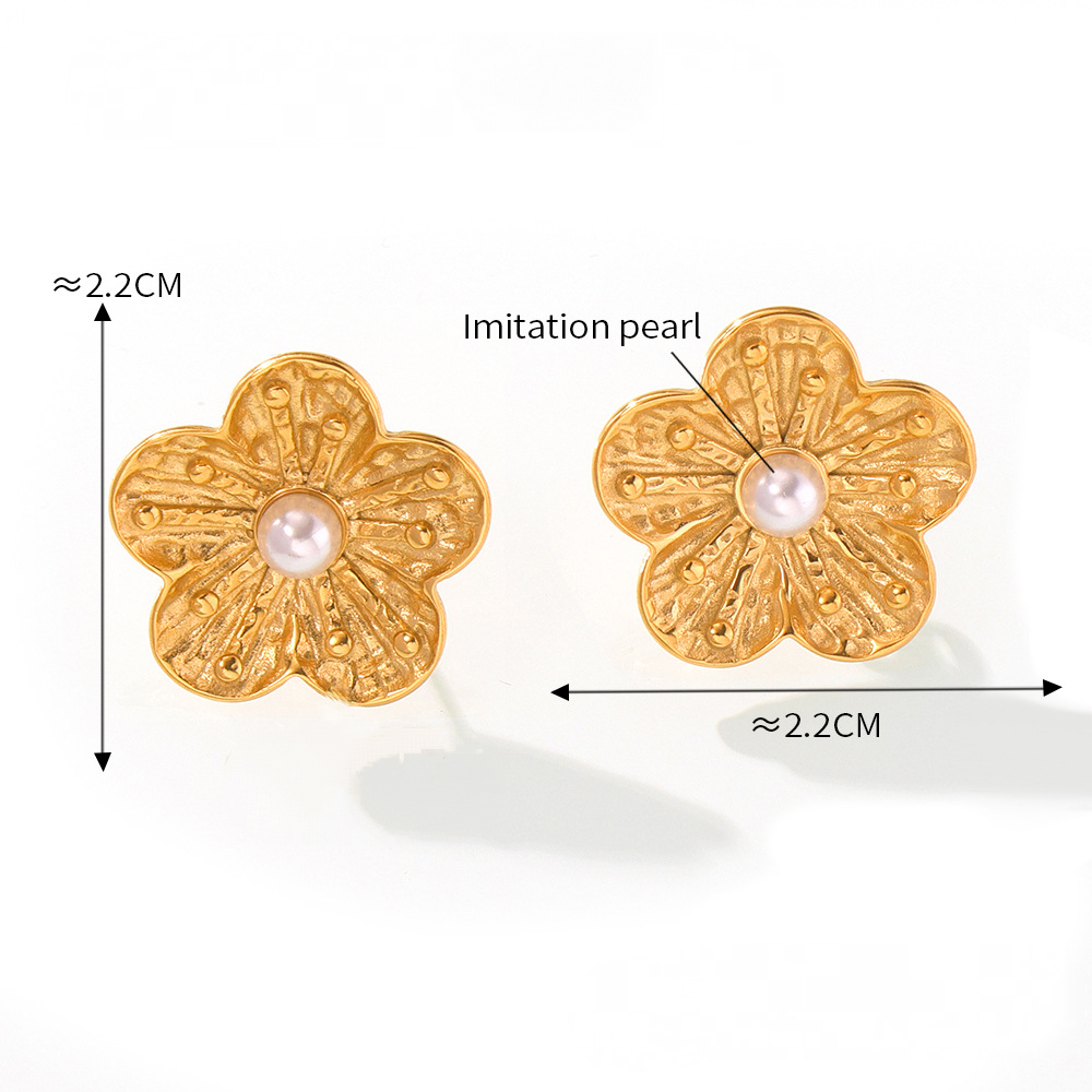 Stainless Steel Texture Flower Inlay Imitation Pearl Earrings