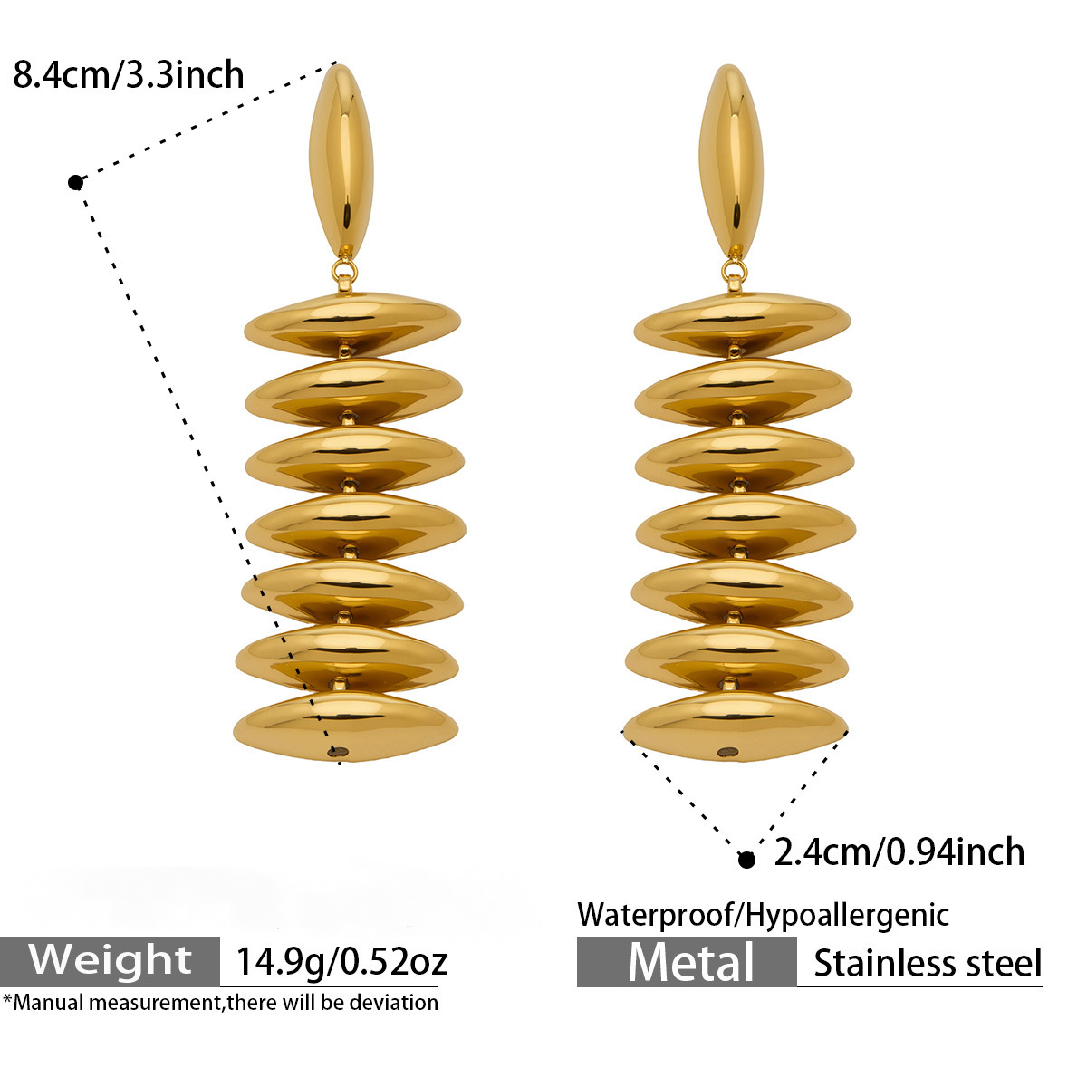 Stainless Steel 18K Gold PVD Beaded Stud Earrings