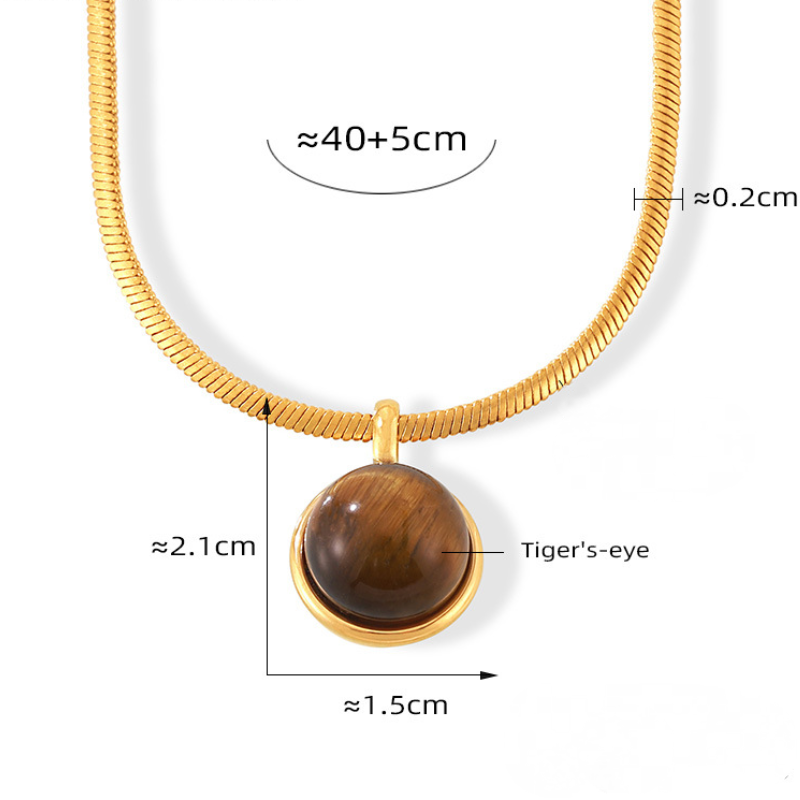 Stainless Steel Round Imitation Pearl Tiger Eye Stone Pendant Necklace