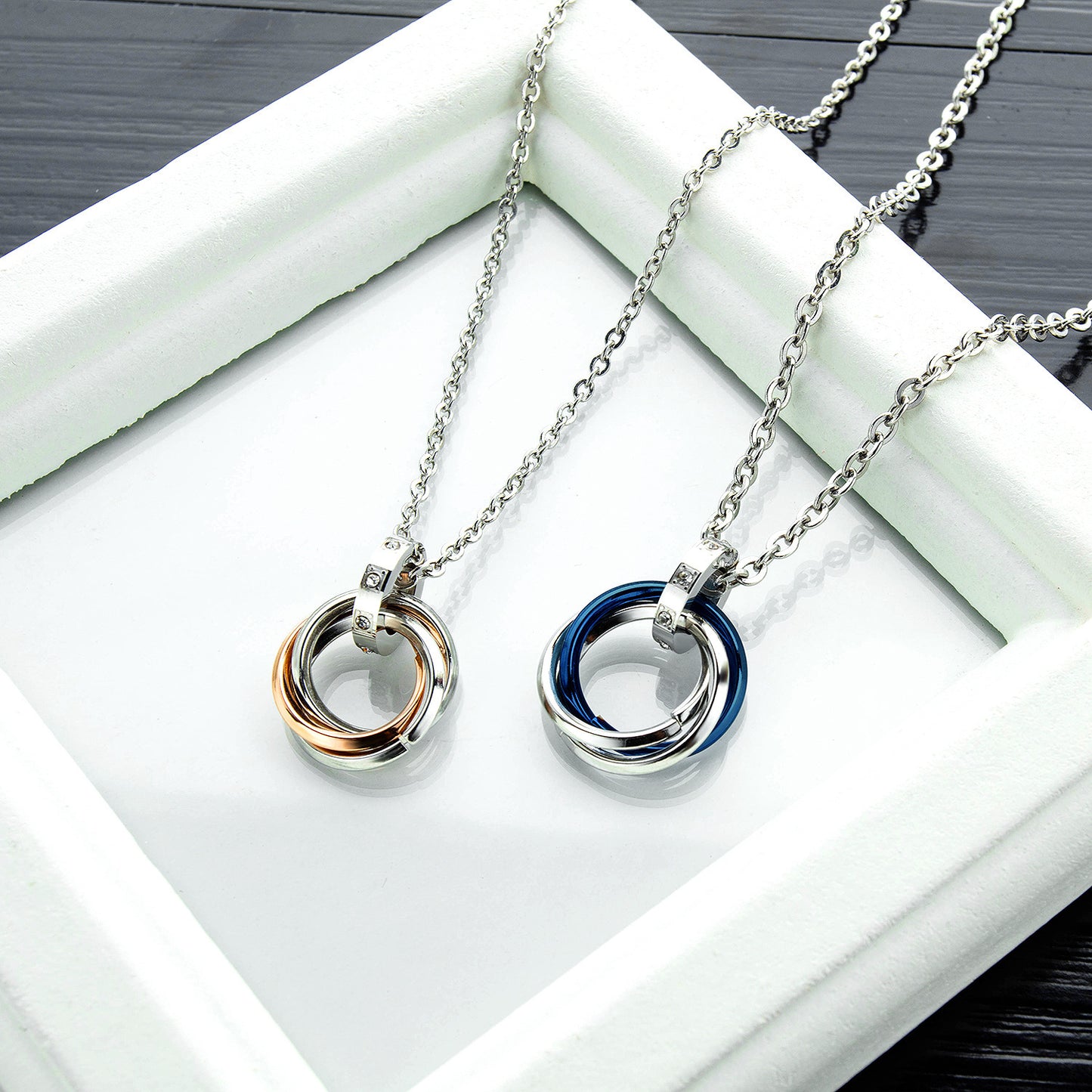 Stainless Steel Three Rings Pendant Couple Necklace