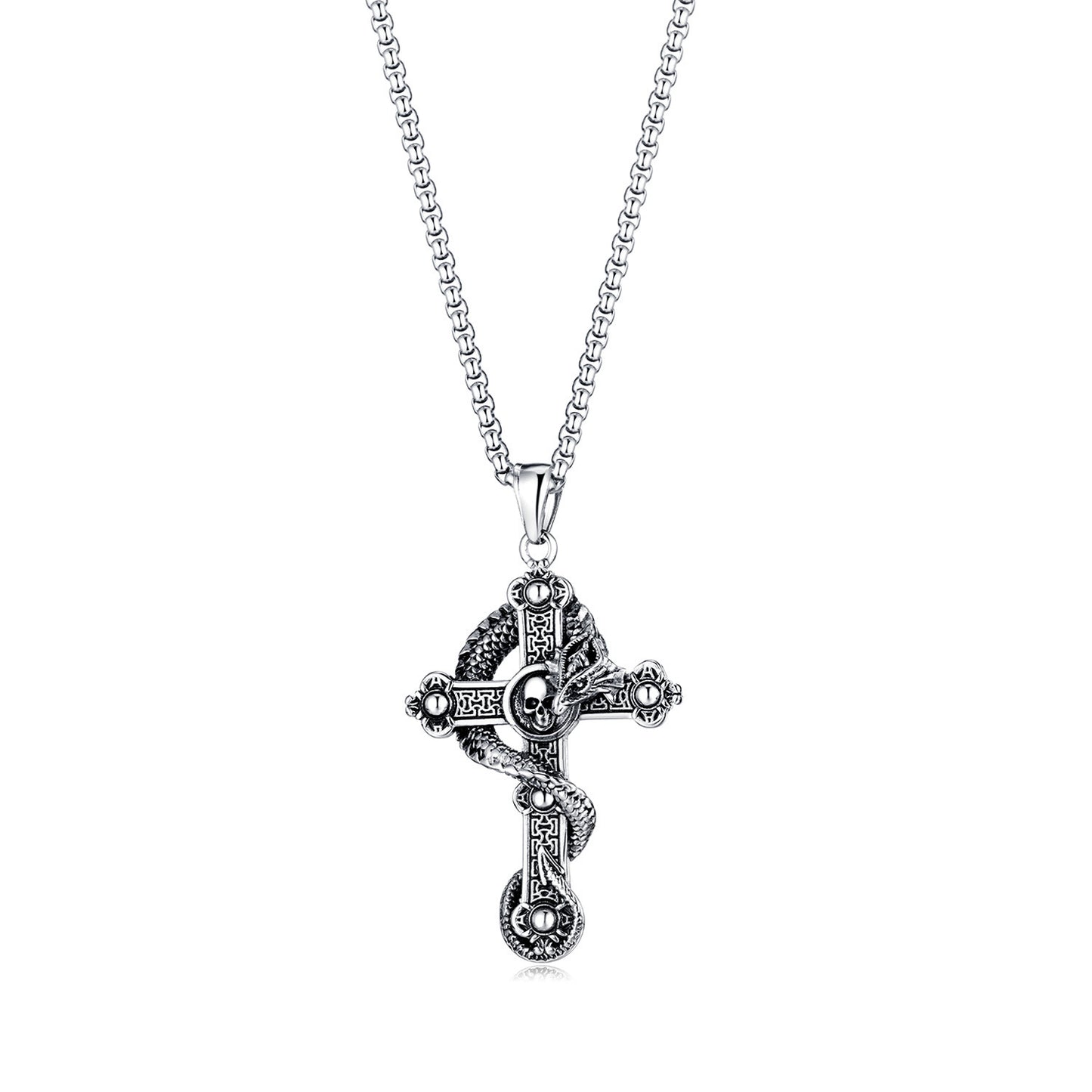Collier en acier inoxydable avec tête de mort et dragon