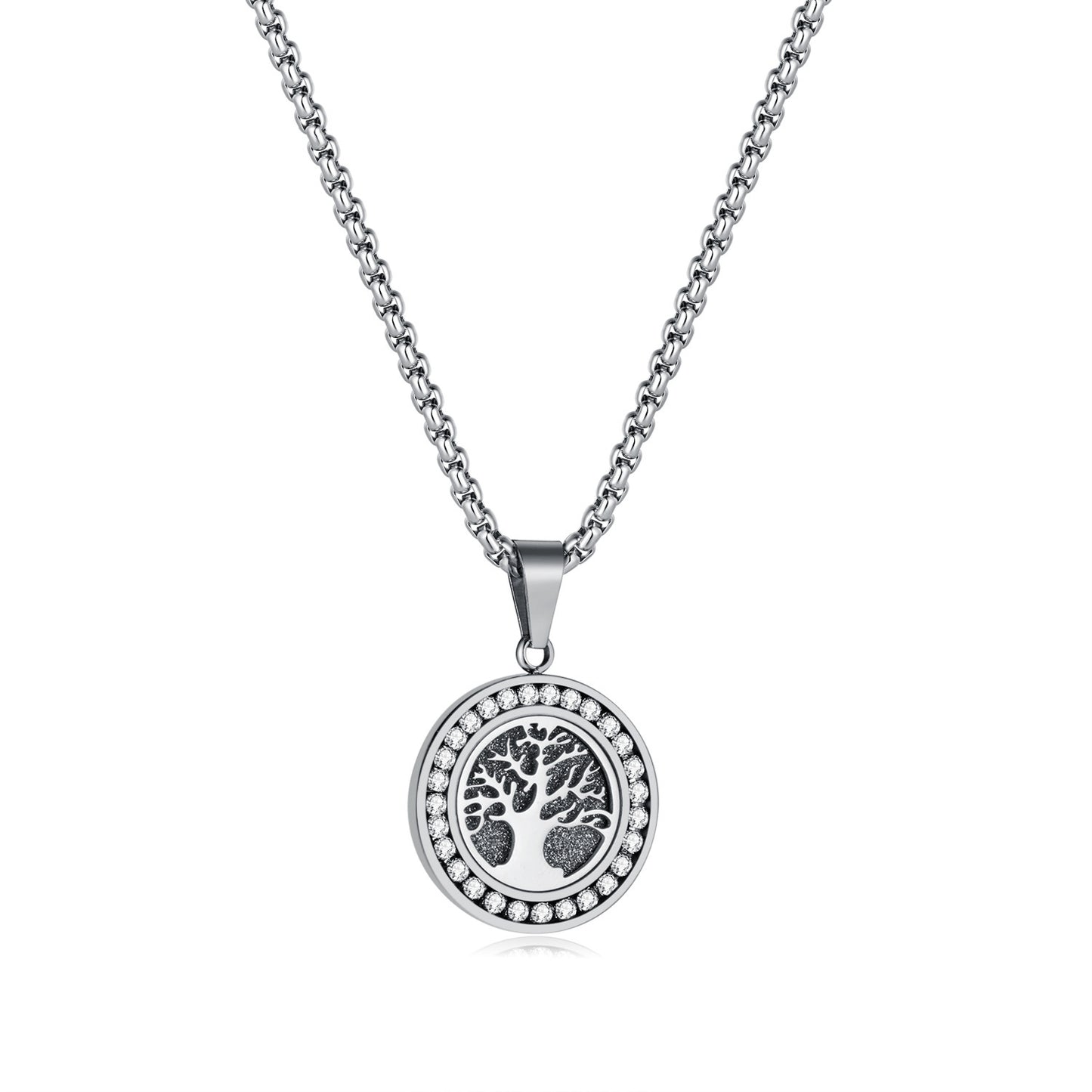 Tree Pattern Round Inlay Cubic Zirconia Pendant Necklace