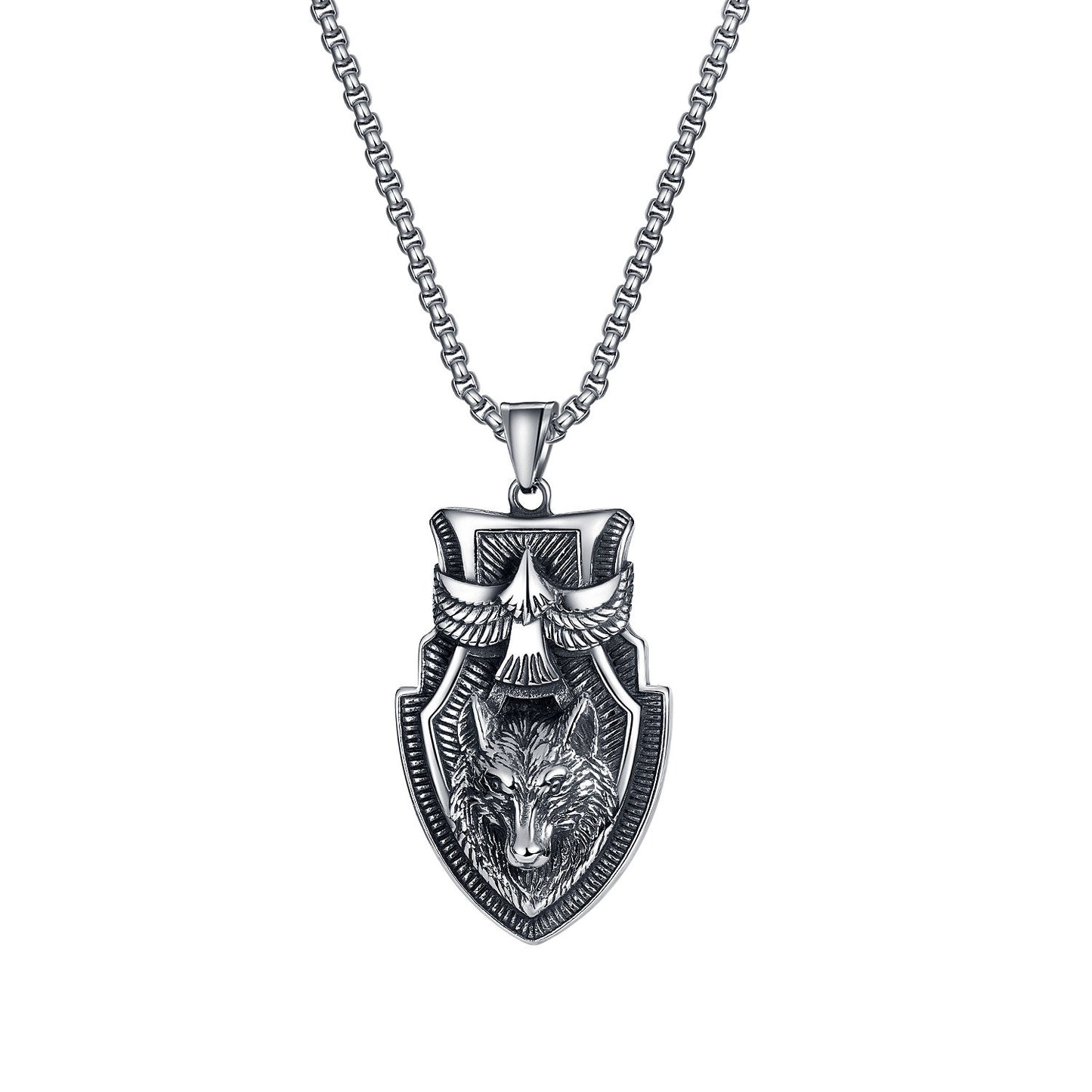 Stainless Steel Wolf Head Shield Pendant Necklace