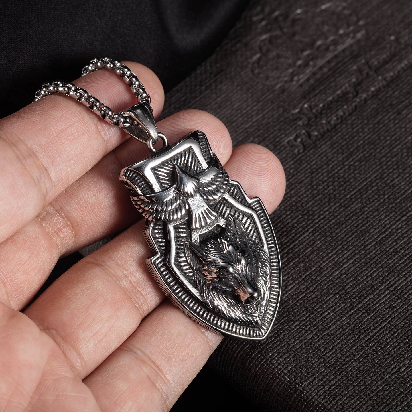 Stainless Steel Wolf Head Shield Pendant Necklace