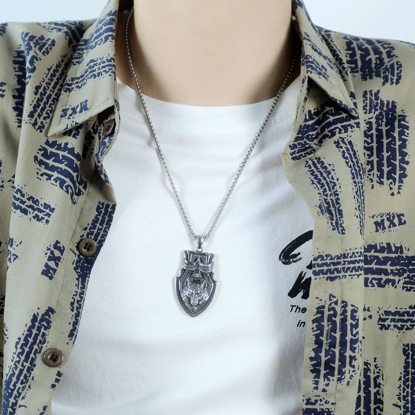 Stainless Steel Wolf Head Shield Pendant Necklace