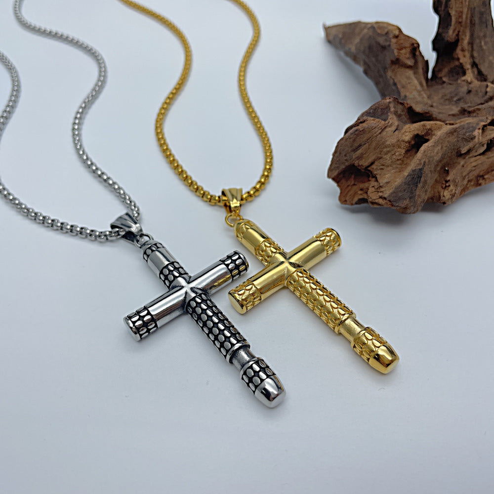 Collier pendentif croix vintage en acier inoxydable