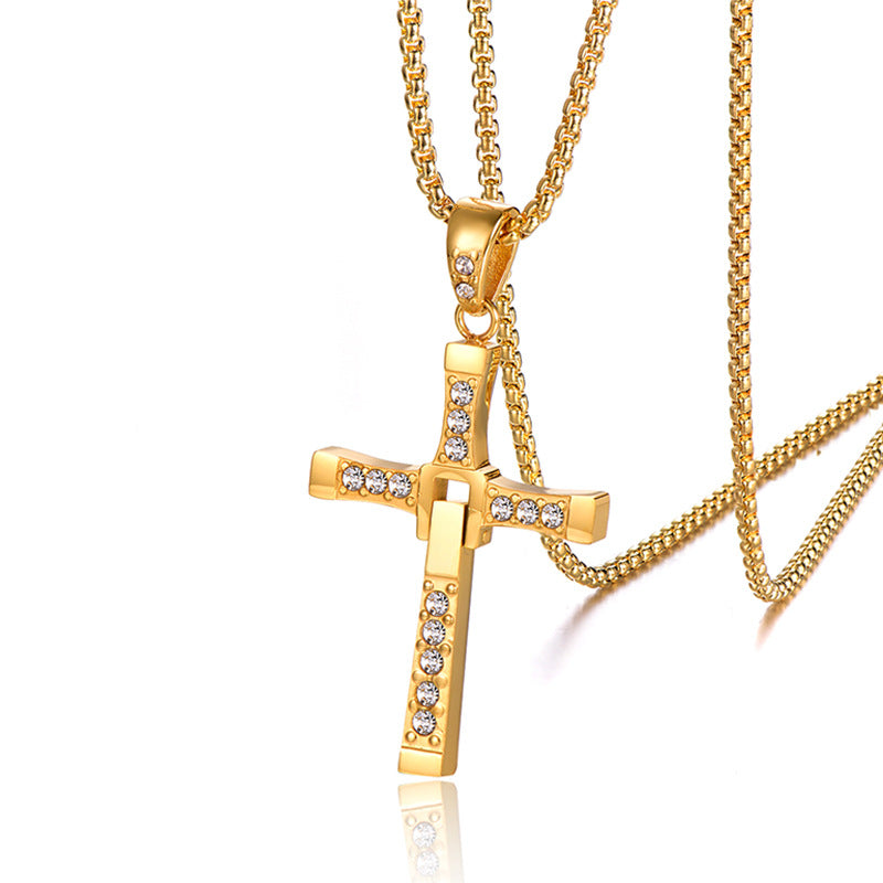 Collier avec pendentif en acier inoxydable et zircone cubique incrusté de croix