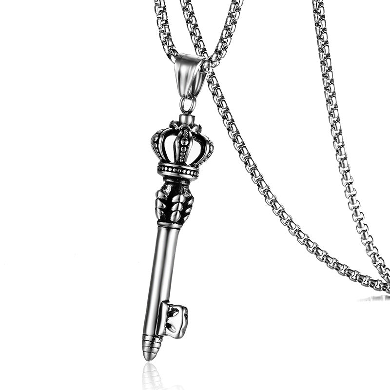 Collier pendentif clé couronne en acier inoxydable