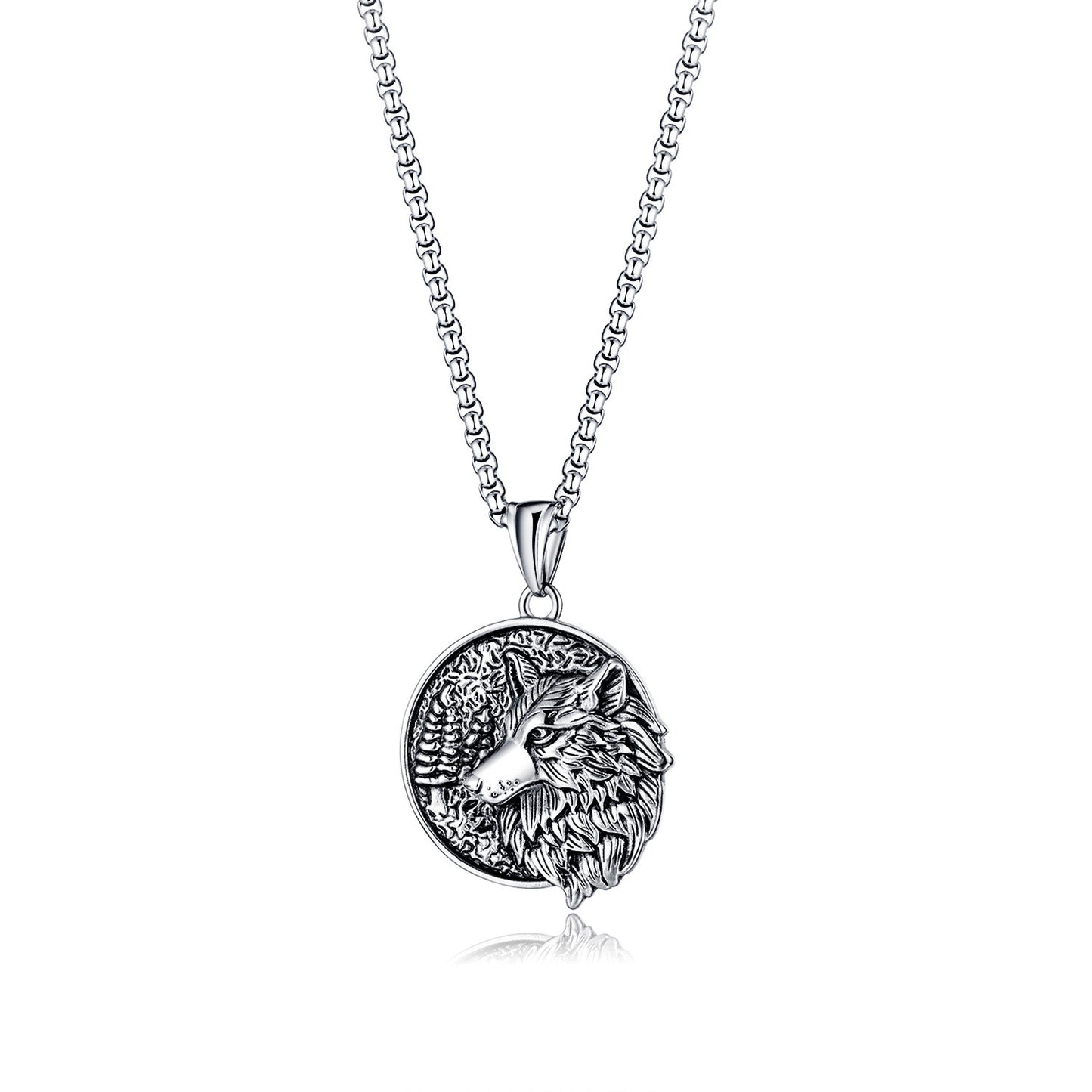 Stainless Steel Wolf Head Round Pendant Necklace