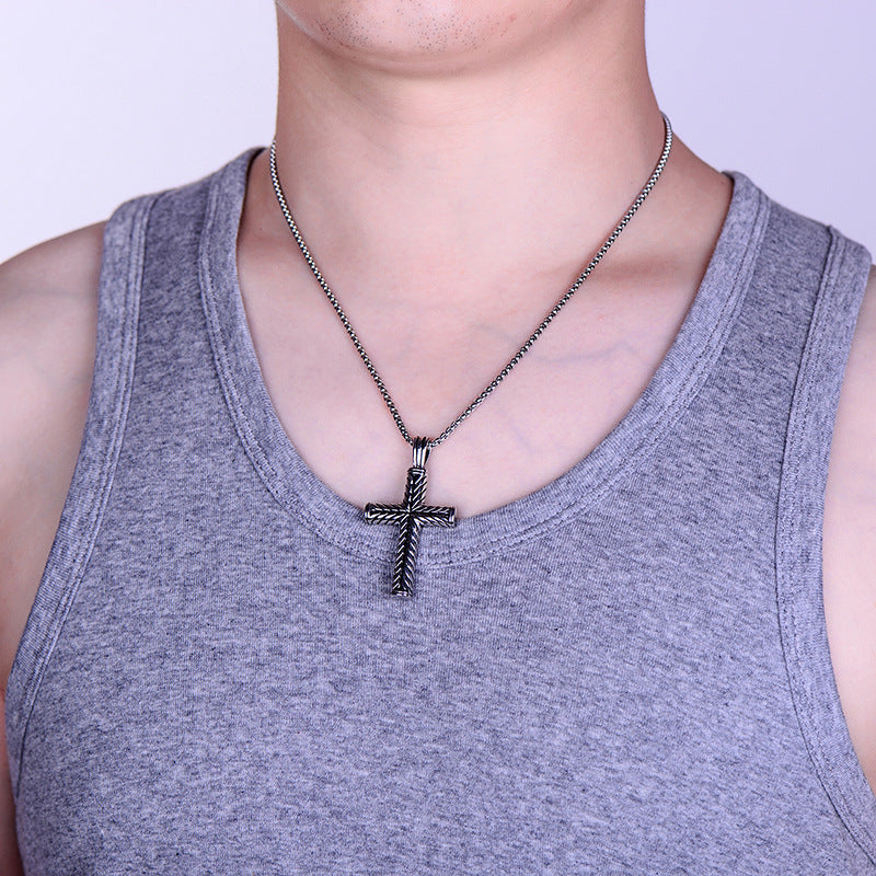 Stainless Steel Diagonal Stripe Cross Role Chain Necklace