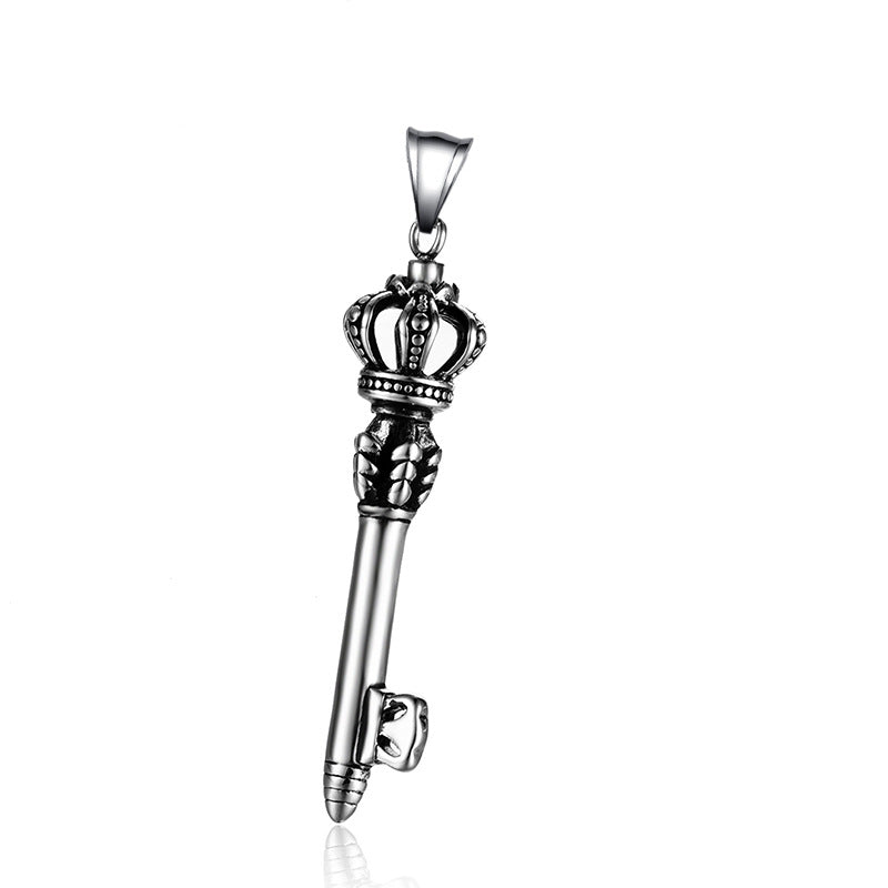 Collier pendentif clé couronne en acier inoxydable