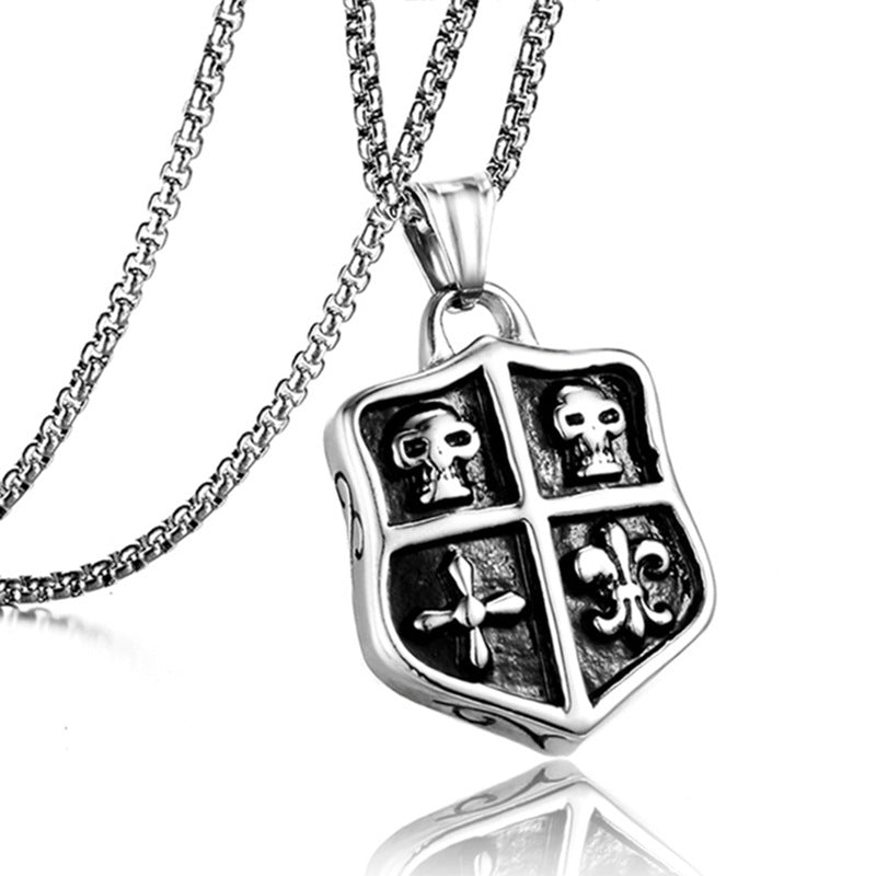 Stainless Steel Punk Skull Shield Pendant Necklace