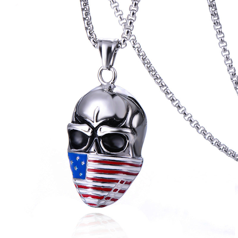 Stainless Steel American Flag Skull Pendant Necklace