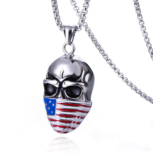 Stainless Steel American Flag Skull Pendant Necklace