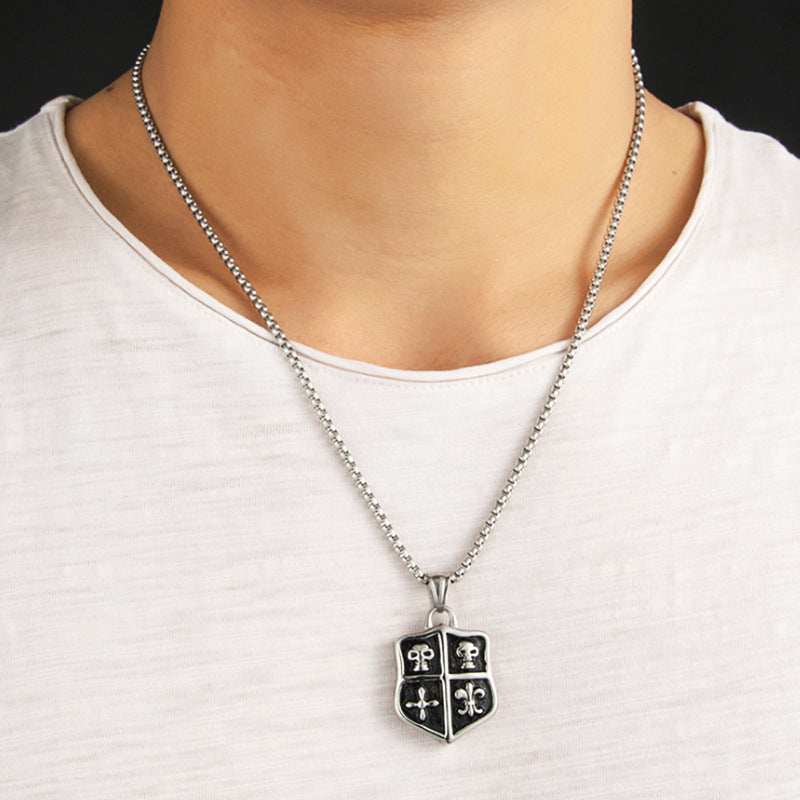 Stainless Steel Punk Skull Shield Pendant Necklace