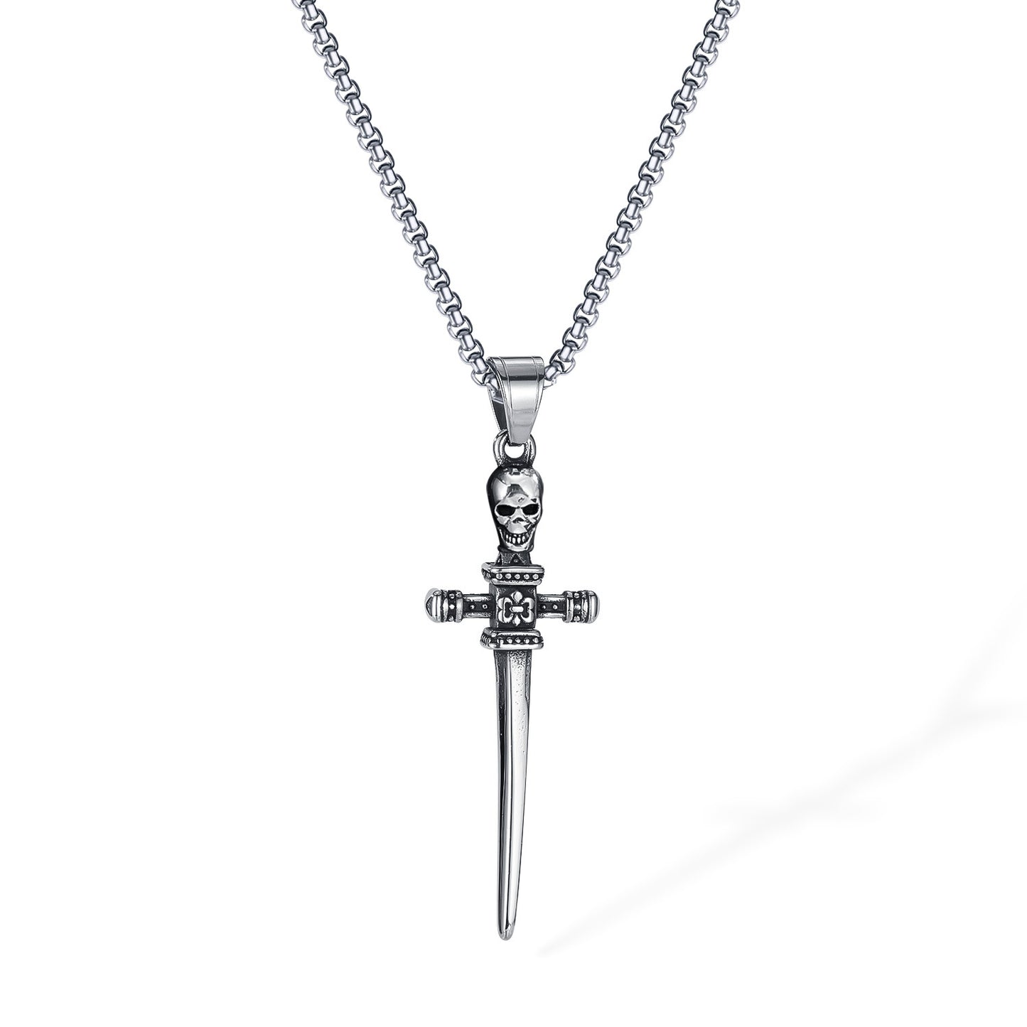 Stainless Steel Skull Cross Sword Pendant Necklace