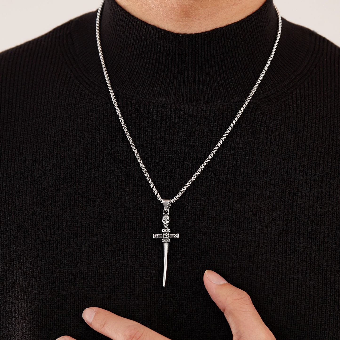 Stainless Steel Skull Cross Sword Pendant Necklace