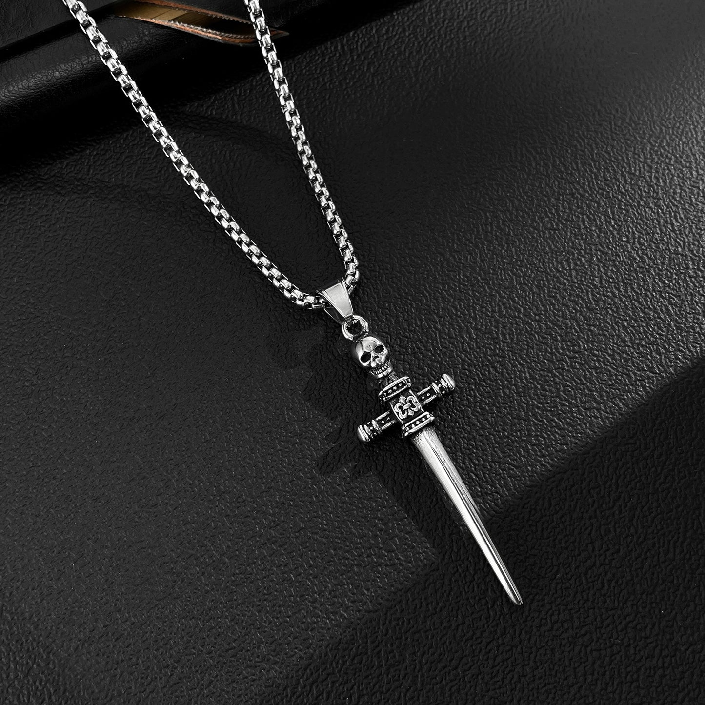 Stainless Steel Skull Cross Sword Pendant Necklace