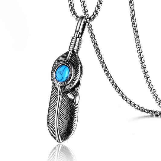 Stainless Steel Feather Inlay Turquoise Necklace