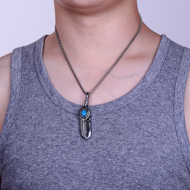 Stainless Steel Feather Inlay Turquoise Necklace