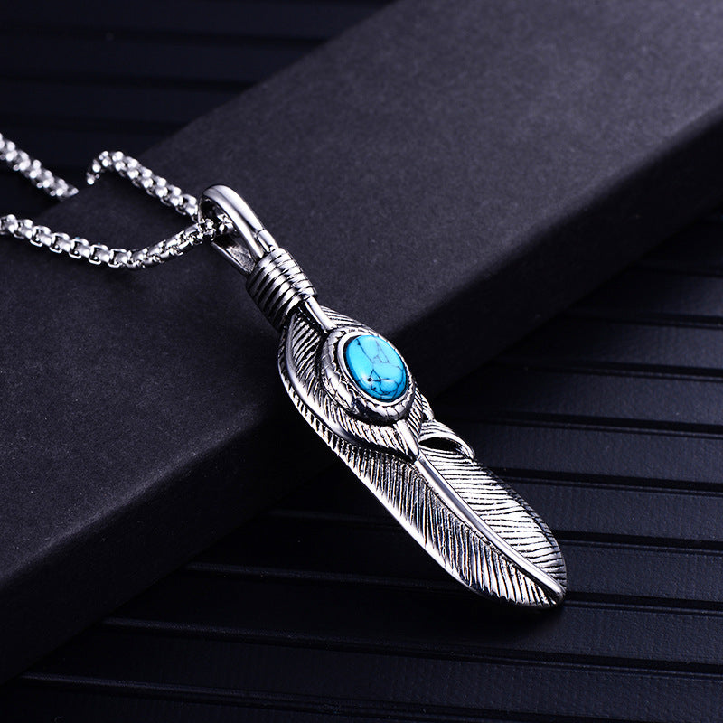 Stainless Steel Feather Inlay Turquoise Necklace