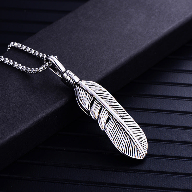 Stainless Steel Feather Inlay Turquoise Necklace
