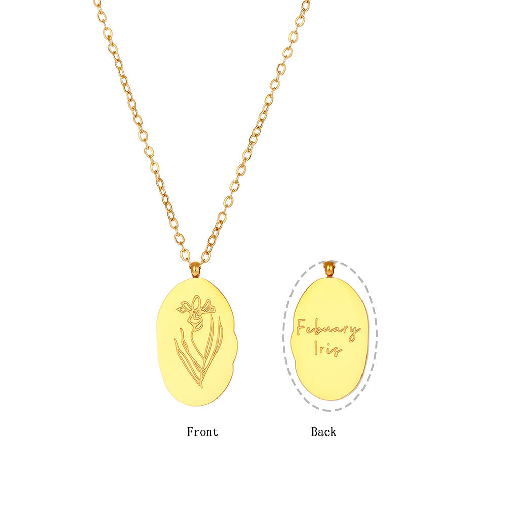 Stainless Steel Irregular Oval Birth Flower Pendant Necklace