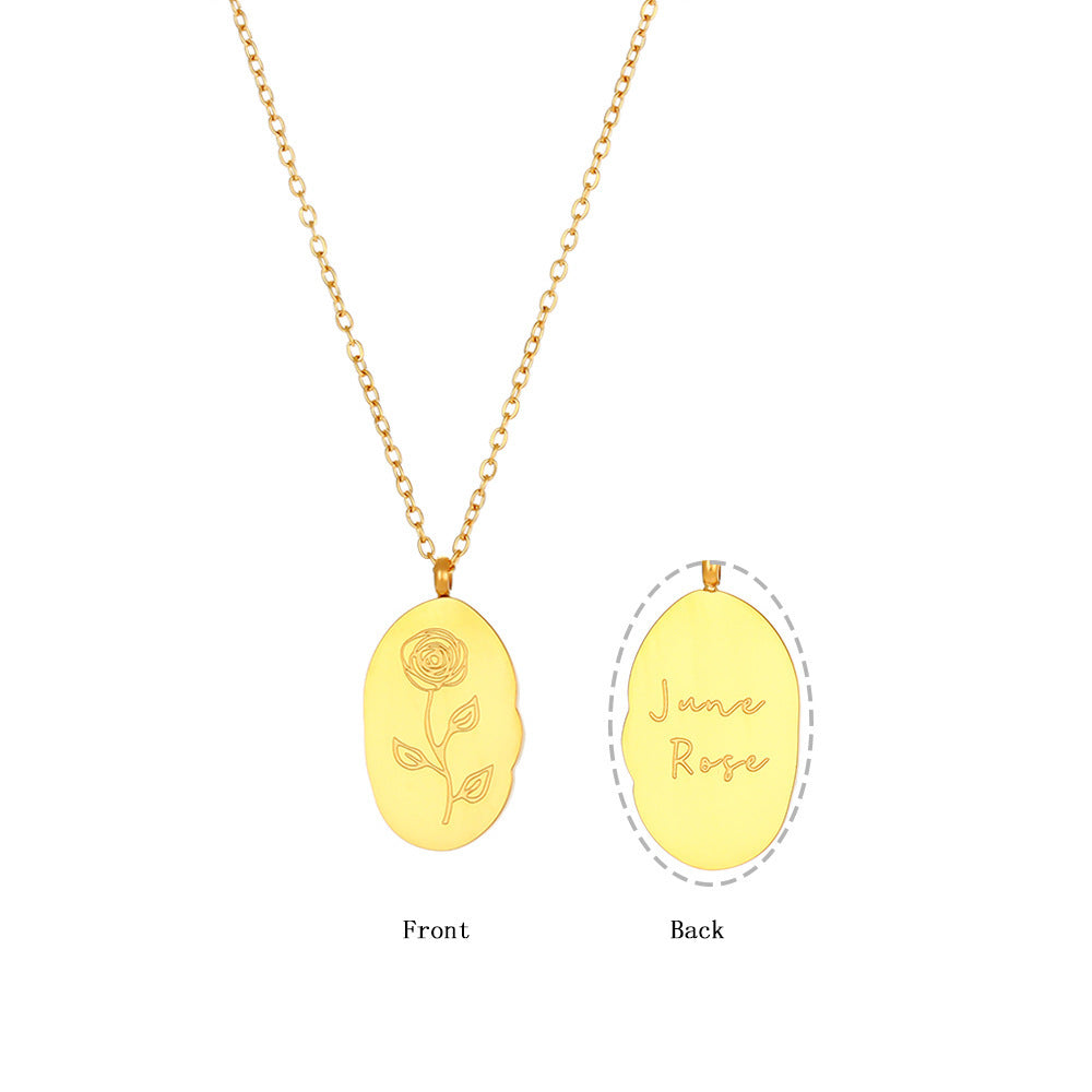 Stainless Steel Irregular Oval Birth Flower Pendant Necklace