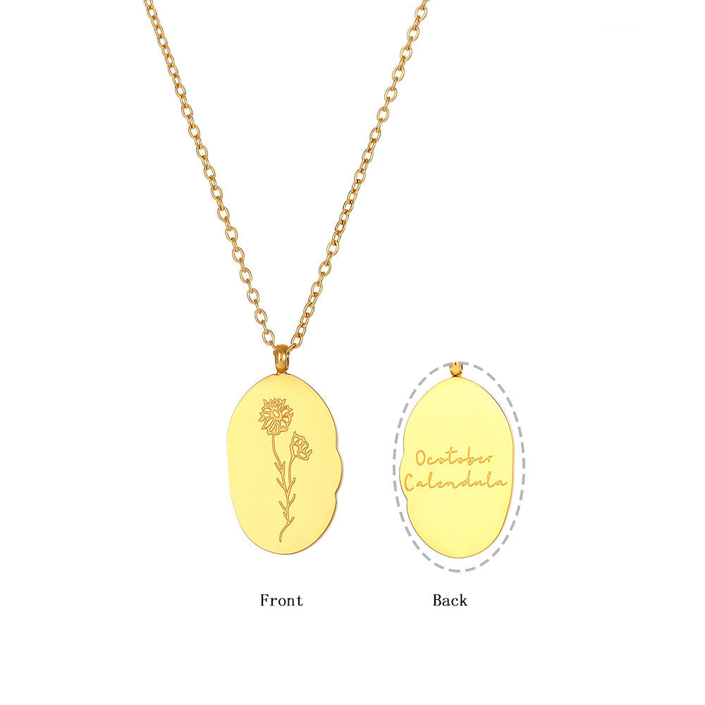 Stainless Steel Irregular Oval Birth Flower Pendant Necklace