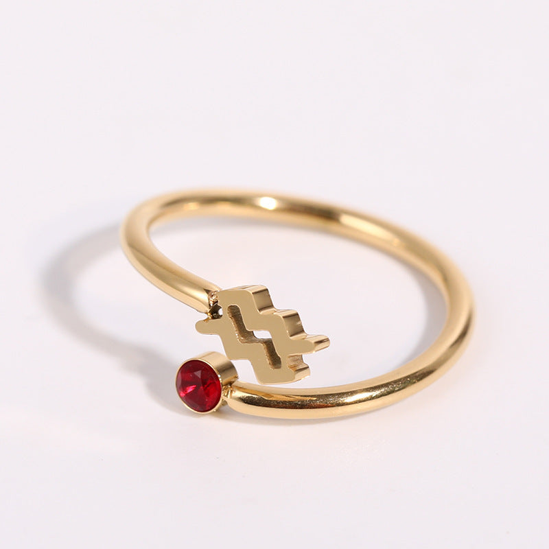 Stainless Steel Zodiac Birthstone Adjustable Cuff Ring