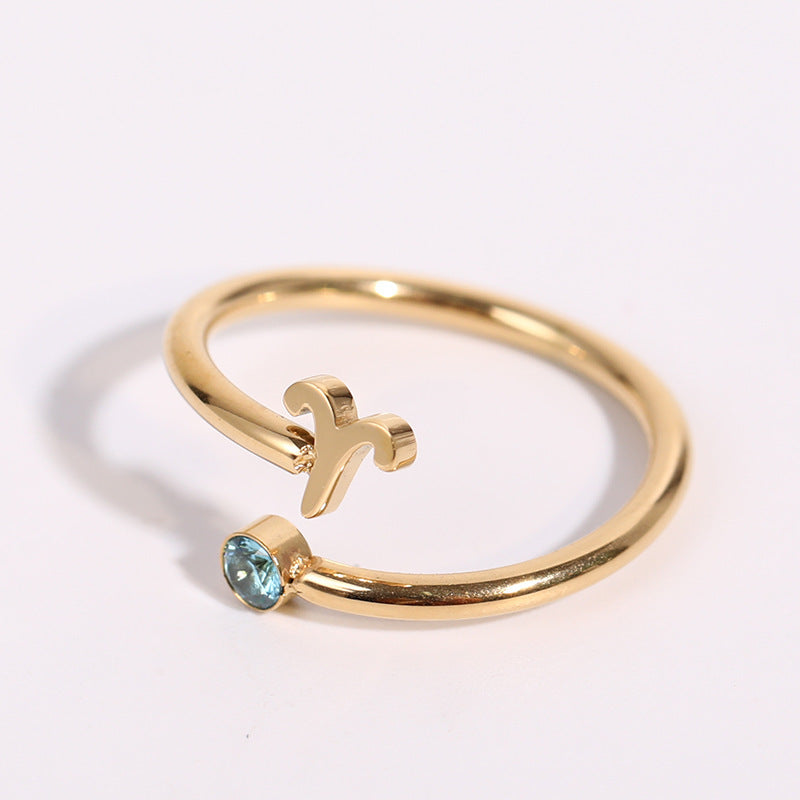 Stainless Steel Zodiac Birthstone Adjustable Cuff Ring