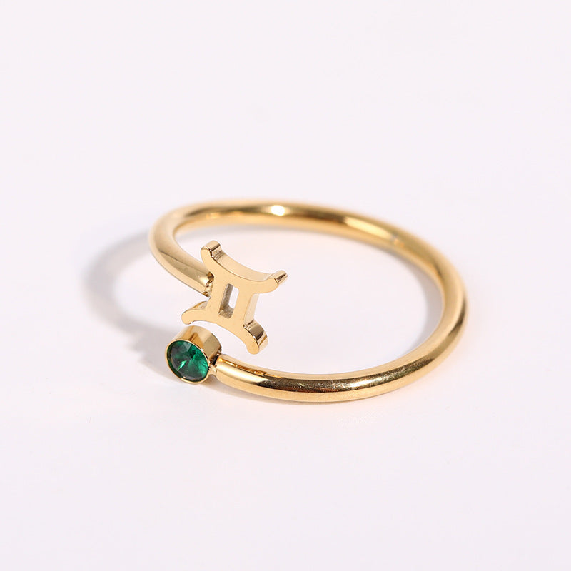 Stainless Steel Zodiac Birthstone Adjustable Cuff Ring